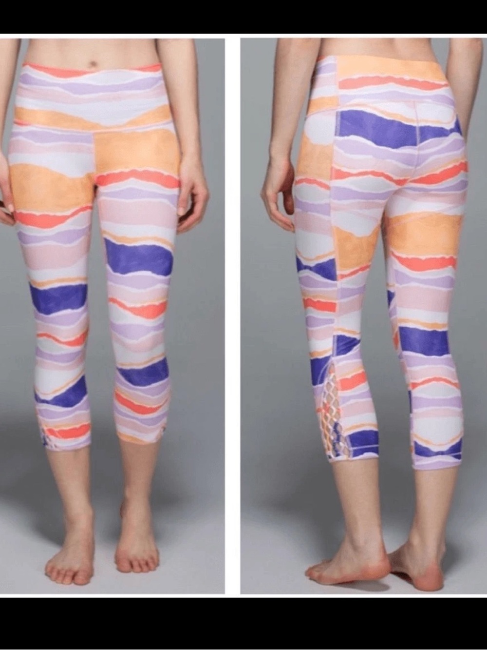 Lululemon True Self Crop 22" Bleacher Stripe White Iris Flower Leggings Size 12